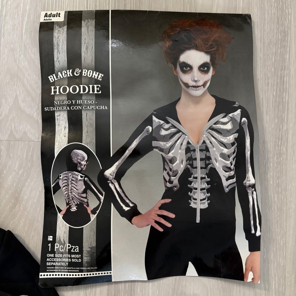 Black & Bone Skeleton Hoodie Full Zip Up Skull Hood Halloween Costume One Size